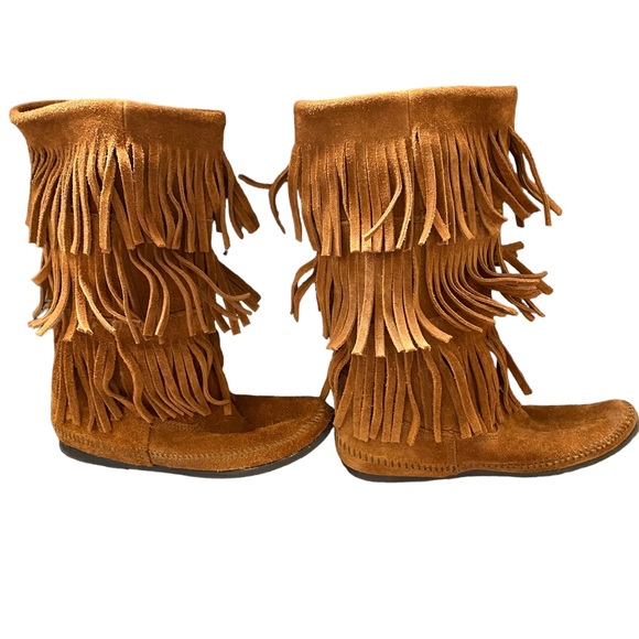 Minnetonka brown suede fringe three row tassel boot moccasin - Picture 5 of 15